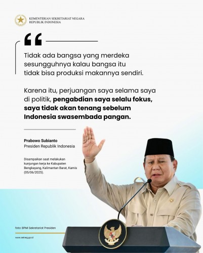 Prabowo Tegaskan Kedaulatan Pangan Fondasi Kemerdekaan Sejati